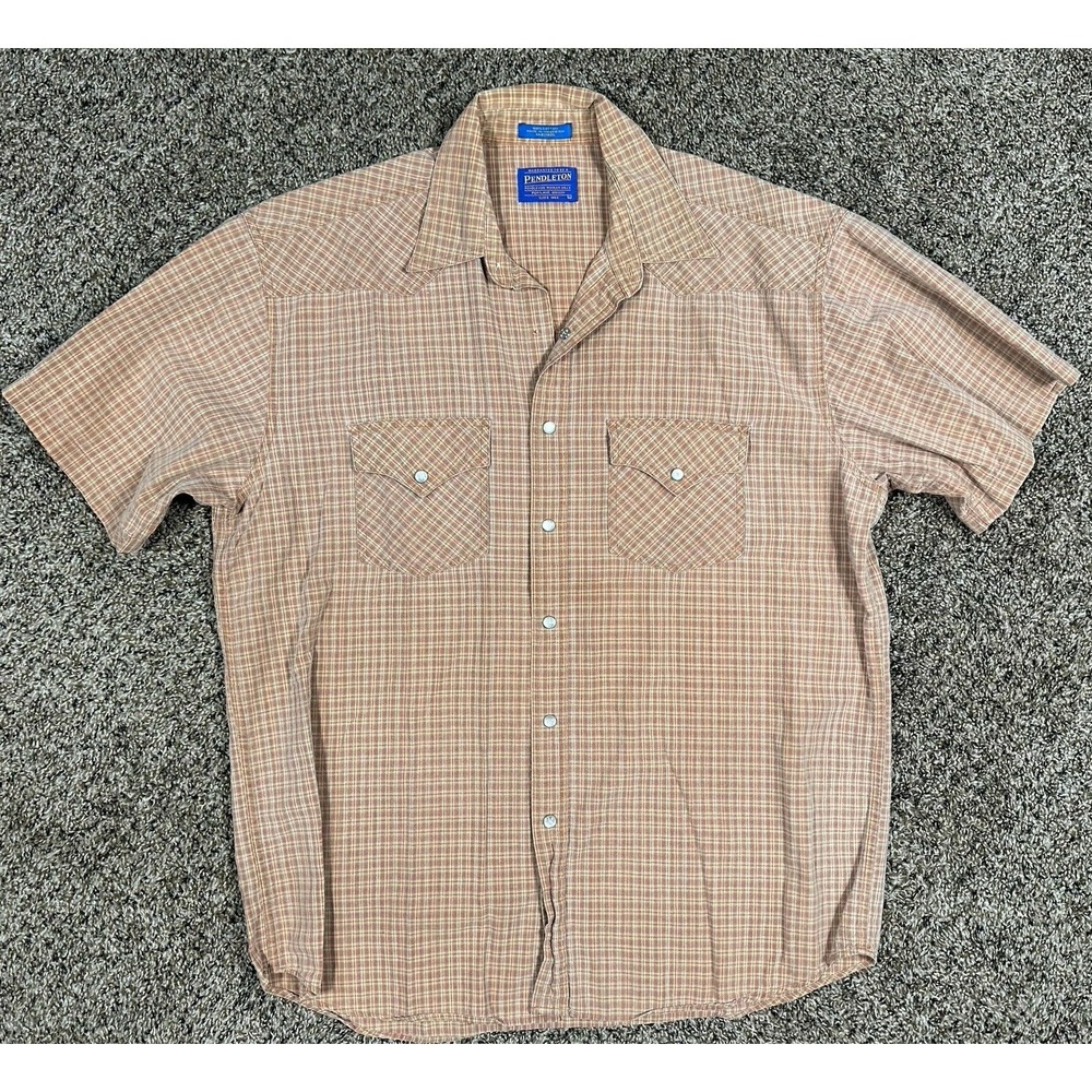 Pendleton Frontier Pearl Snap Front Short Sleeve Shirt Men's Large Orange Plaid